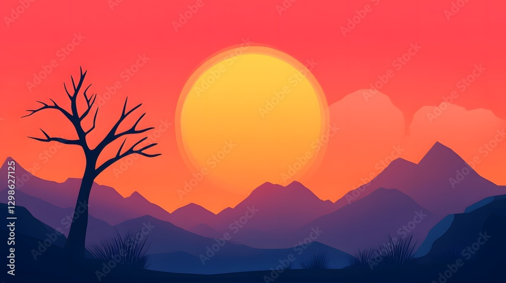 Naklejka premium Pixel Sunset Landscape Silhouette of a Bare Tree Against Vibrant Colors