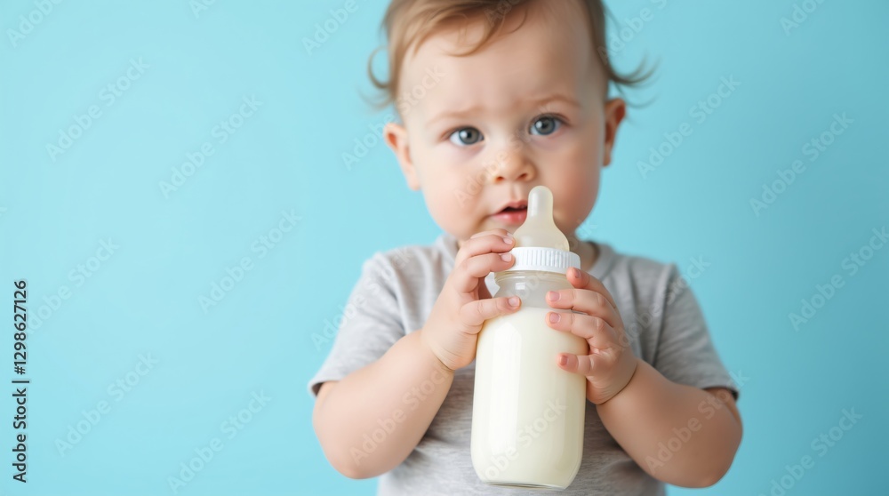 Adorable baby drinking milk from bottle on blue background. Infant nutrition concept. World Breastfeeding Week, Children's Day, Baby Food Day. Copy space for text Adorable baby drinking milk from bottle on blue background. Infant nutrition concept. World Breastfeeding Week, Children's Day, Baby Food Day. Copy space for text