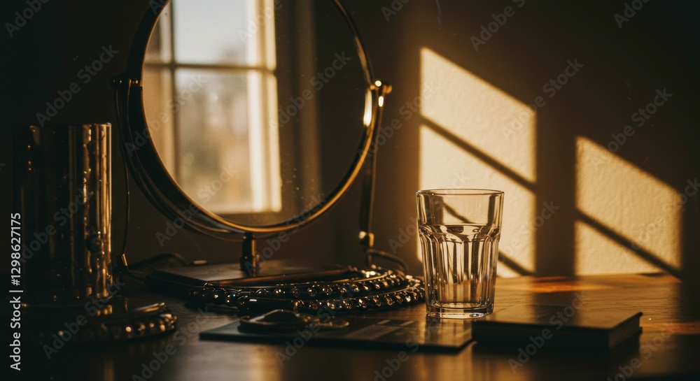 A Moment of Solitude: Warm sunlight casts long shadows, illuminating a classic vanity table adorned with a vintage mirror and delicate glass, evoking a sense of timeless elegance and introspection. A Moment of Solitude: Warm sunlight casts long shadows, illuminating a classic vanity table adorned with a vintage mirror and delicate glass, evoking a sense of timeless elegance and introspection.