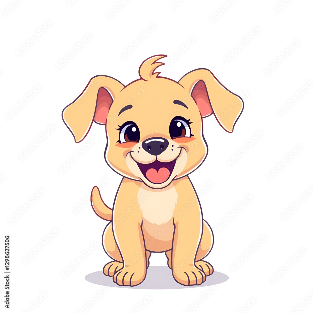 Cheerful Cartoon Pup with Wagging Tail in Pastel Colors on White Background