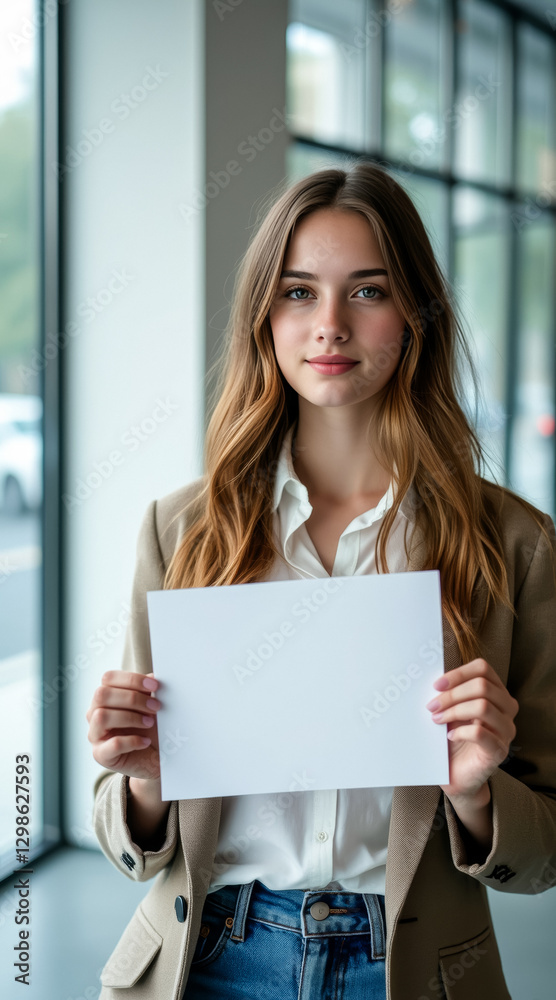 young professional woman holding a blank white paper young professional woman holding a blank white paper