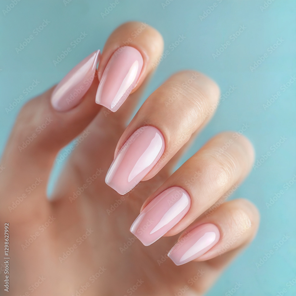 The image shows a close-up of a hand with neatly manicured nails painted in a soft pink shade, with a glossy finish. The background is a solid light blue color. The image shows a close-up of a hand with neatly manicured nails painted in a soft pink shade, with a glossy finish. The background is a solid light blue color.