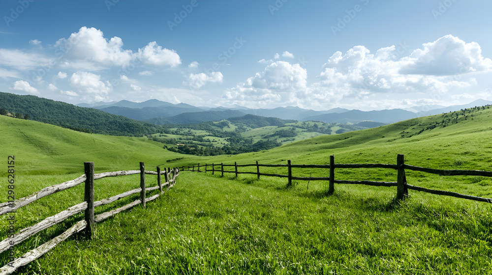 Rolling green hills, wooden fence, mountain view, summer day, scenic landscape Rolling green hills, wooden fence, mountain view, summer day, scenic landscape