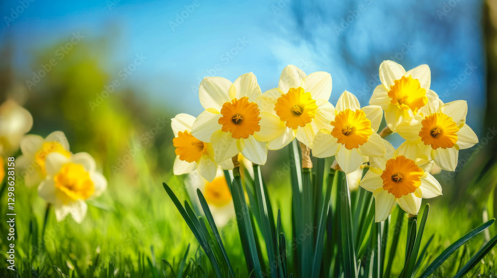 Yellow daffodils in the field. Blooming flowers in spring. Blurred background.