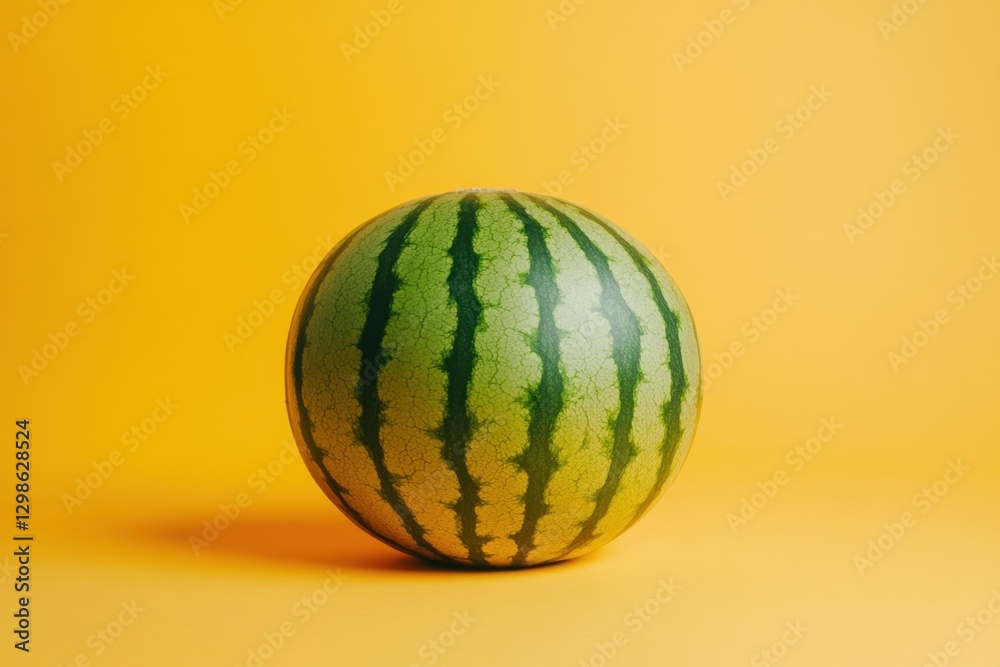 A solitary fresh ripe watermelon against a vibrant yellow background A solitary fresh ripe watermelon against a vibrant yellow background