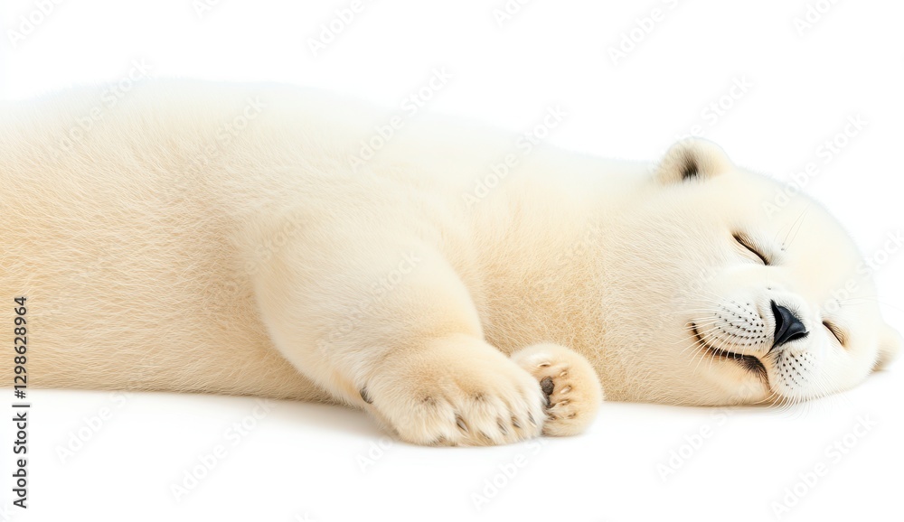 Fototapeta premium Adorable Polar Bear Cub Sleeping on White Background