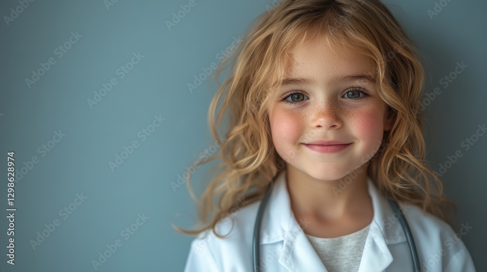 Happy Child Dressed as a Doctor With Confident Smile Against Light Blue Backdrop Happy Child Dressed as a Doctor With Confident Smile Against Light Blue Backdrop