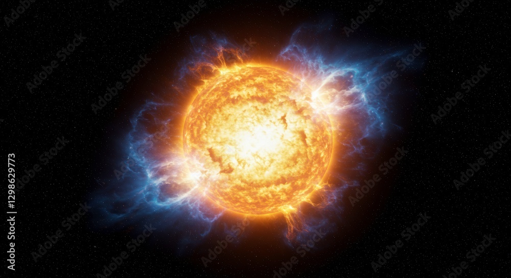Celestial Inferno: An intense and dramatic visualization of the sun, radiating immense energy and showcasing fiery solar flares against the vast expanse of space. Celestial Inferno: An intense and dramatic visualization of the sun, radiating immense energy and showcasing fiery solar flares against the vast expanse of space.