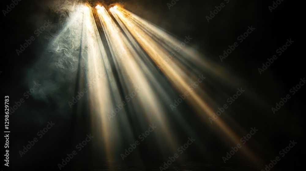 Golden light rays shining through smoke in the darkness Golden light rays shining through smoke in the darkness