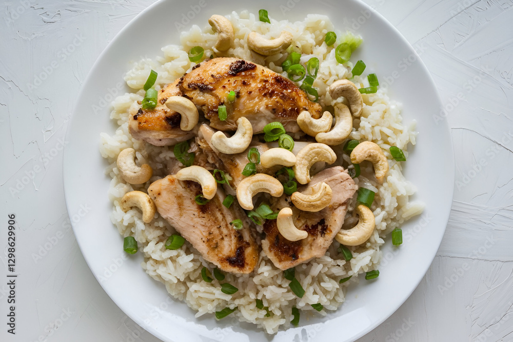 white plate of chicken sauted cashew nuts and rice white plate of chicken sauted cashew nuts and rice