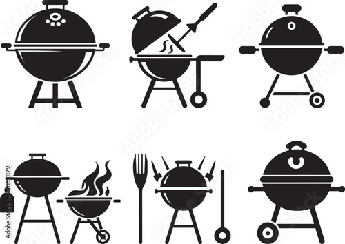 BBQ Icon Set, Simple Black and White Grill Icons Set