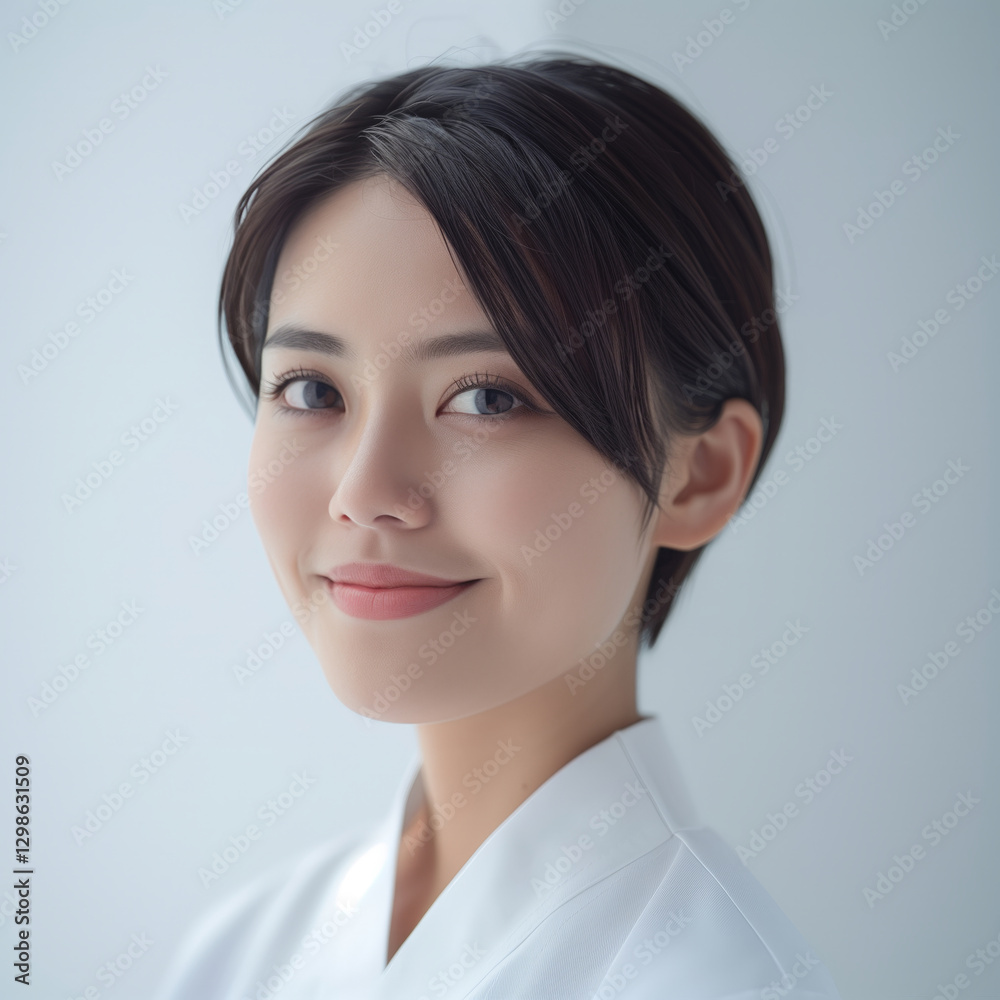 Young Asian Woman with Short Hair Smiling in a Soft White Outfit on a Light Background Young Asian Woman with Short Hair Smiling in a Soft White Outfit on a Light Background
