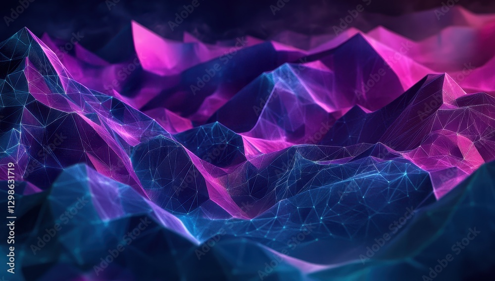 Obraz premium Abstract geometric landscape with glowing lines and vibrant colors in purple and blue tones showcasing a futuristic digital terrain