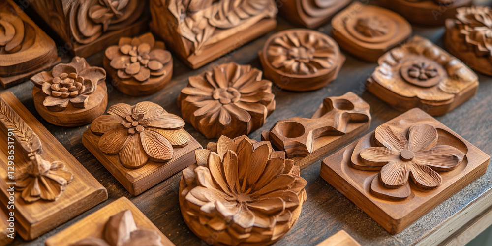 Hand-carved wooden floral designs in varying sizes and shapes on a wooden surface. Hand-carved wooden floral designs in varying sizes and shapes on a wooden surface.