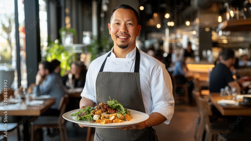 smiling chef holding plate of food in restaurant smiling chef holding plate of food in restaurant