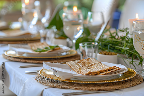 Passover Seder table setting with matzah, candles, and herbs. Jewish holiday celebration. Traditional festive dinner for Pesach. Family gathering and ritual meal. photo