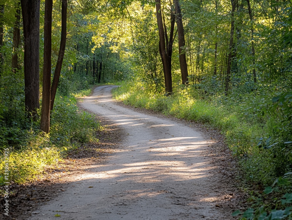 Fototapeta premium Winding road through a forest, with sunlight