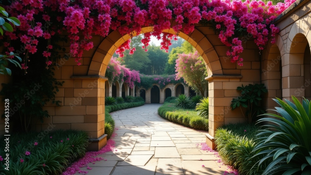 Fototapeta premium Camino de piedra arqueado con vibrantes buganvillas fucsias en cascada en el pintoresco jardín botánico 