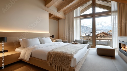 Bright bedroom with mountain view