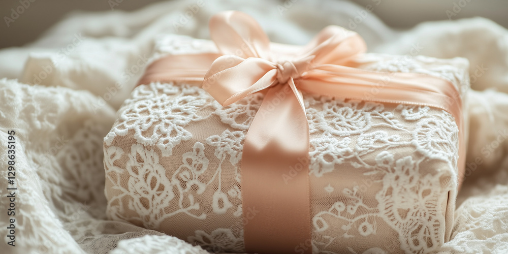 Gift box wrapped in lace and tied with a peach ribbon, on a soft fabric. Gift box wrapped in lace and tied with a peach ribbon, on a soft fabric.