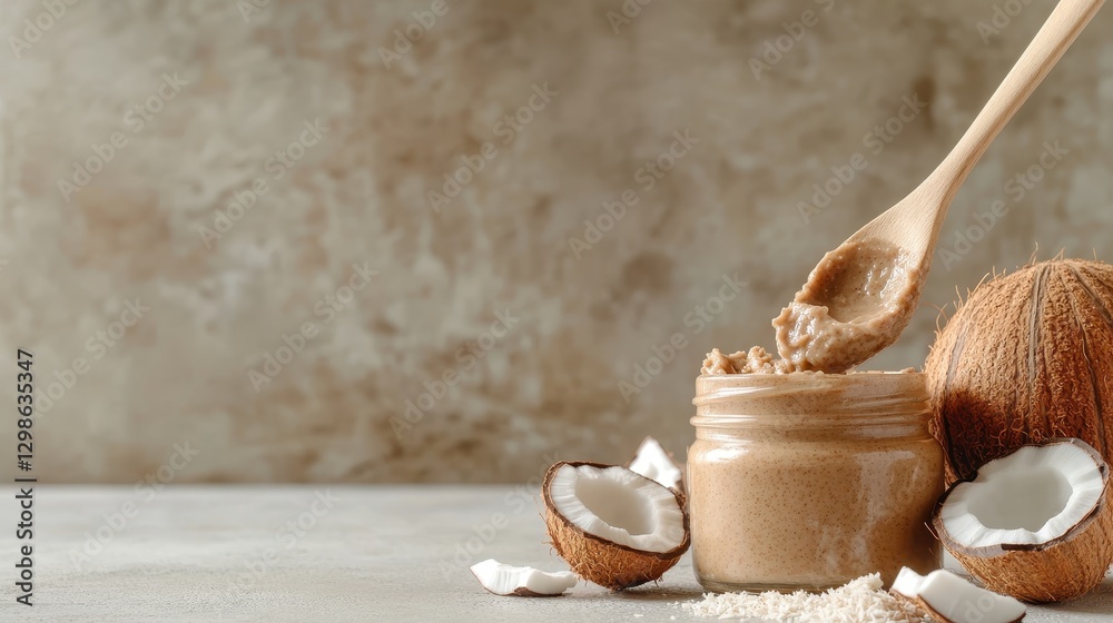 An aesthetically pleasing image of creamy coconut spread displayed with fresh coconut shells and shredded coconut, suggesting a tropical treat that is both healthy and tasty.