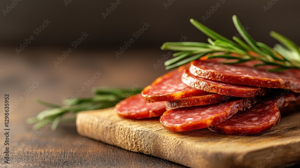 This image showcases beautifully sliced salami, garnished with fresh rosemary, resting on a rustic wooden board, evoking delicious culinary delights. This image showcases beautifully sliced salami, garnished with fresh rosemary, resting on a rustic wooden board, evoking delicious culinary delights.