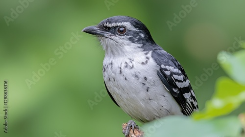Black and white bird perched on branch, blurred green background, wildlife photo, nature
