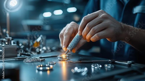 Male artisan at work, meticulously crafting jewelry in a well-lit workshop.