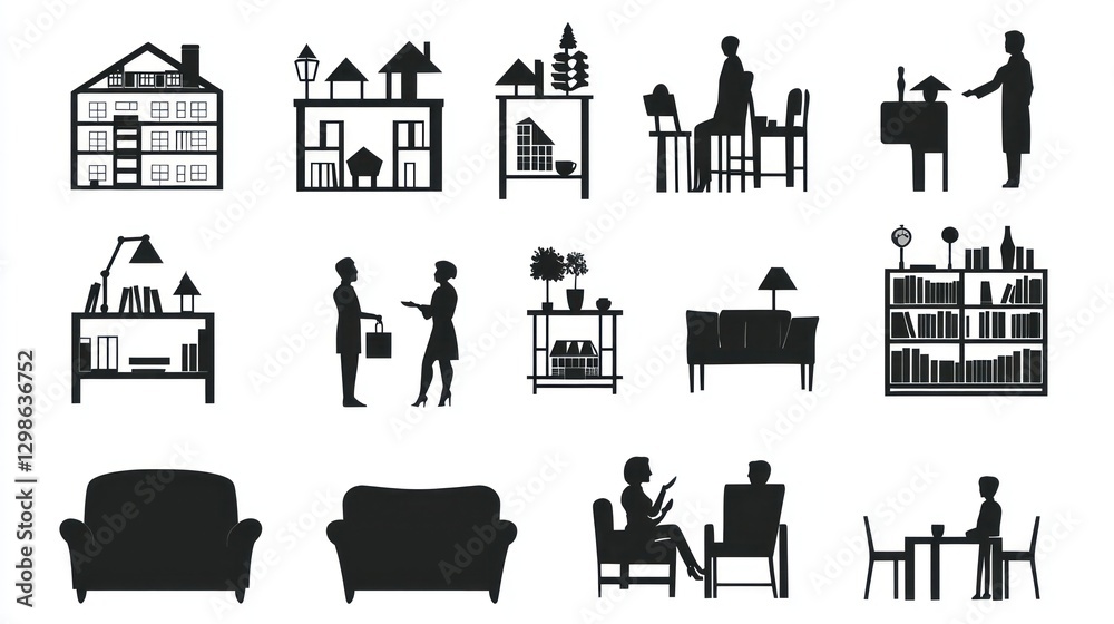 Silhouette images of various indoor scenes Silhouette images of various indoor scenes