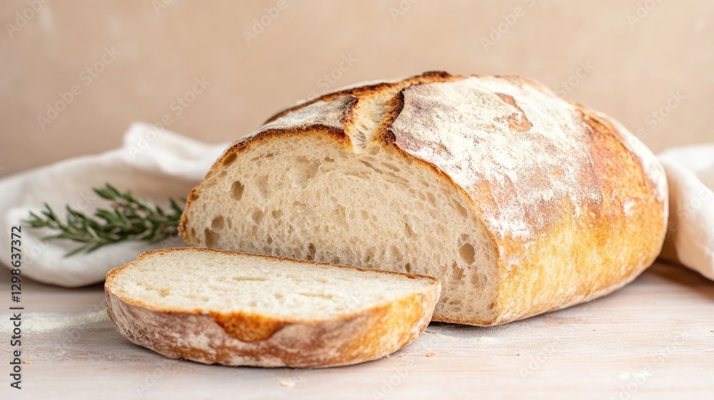 Golden crusted bread with soft interior, garnished with fresh he Golden crusted bread with soft interior, garnished with fresh he