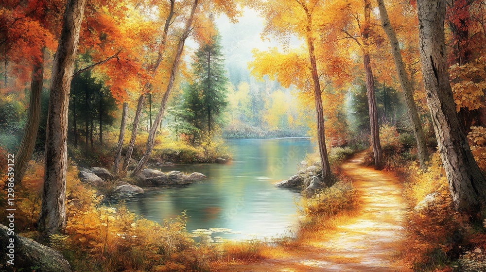Obraz premium Autumnal Path Through a Forest with a Tranquil Lake and Colorful Foliage Scene