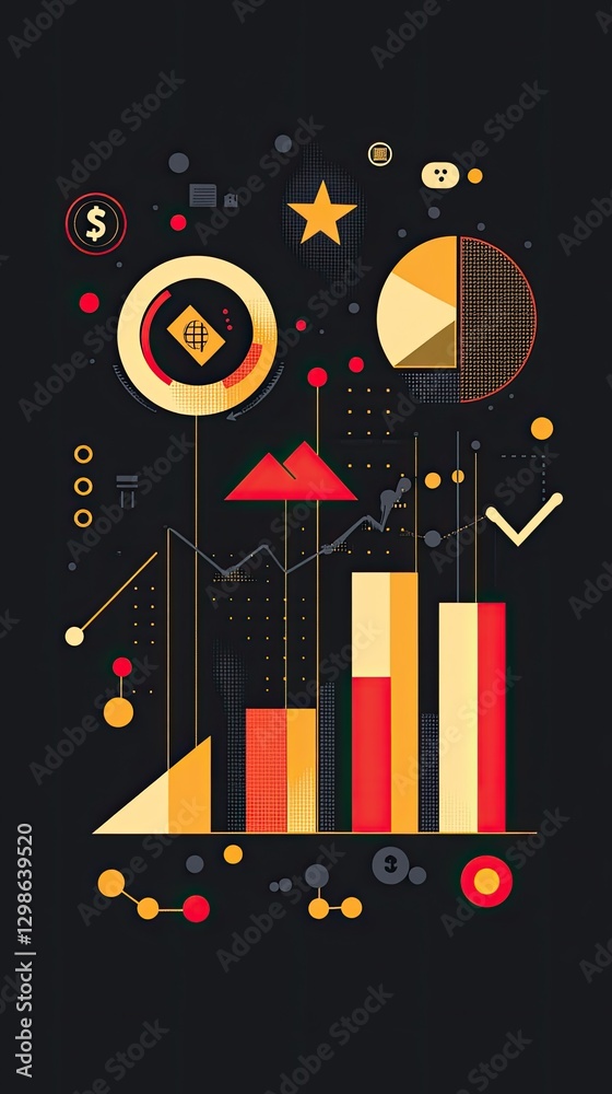 Bar chart and various icons illustrate financial growth, sales performance, and return on investment metrics in a modern design