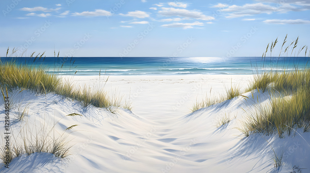 with pristine white sand dunes, wild grasses growing between the dunes, and the tranquil ocean stretching into the distance with pristine white sand dunes, wild grasses growing between the dunes, and the tranquil ocean stretching into the distance