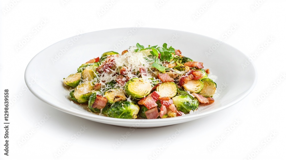 Elegant plated dish featuring caramelized Brussels sprouts with crispy pancetta and parmesan shavings, isolated on a white background, soft studio lighting Elegant plated dish featuring caramelized Brussels sprouts with crispy pancetta and parmesan shavings, isolated on a white background, soft studio lighting