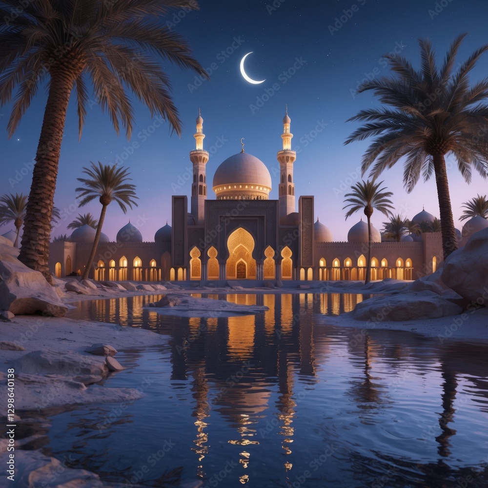 Naklejka premium Tranquil Reflection: Mosque and Palm Trees Silhouetted Against a Moonlit Night Sky