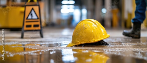 Yellow Hard Hat Lying in a Puddle on a Wet Floor
