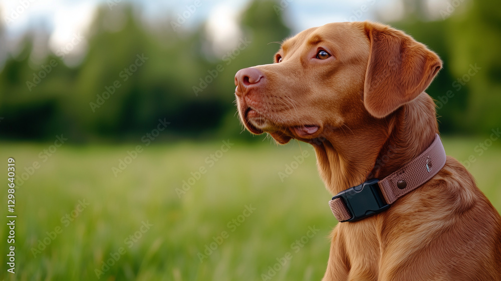 A brown dog with a gentle expression sits attentively in a lush green field. The sun shines brightly in the background, creating a serene and peaceful atmosphere