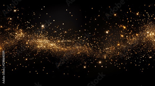 Golden sparkles dance wildly against a dark backdrop, creating a mesmerizing chaotic pattern, evoking a sense of wonder and elegance