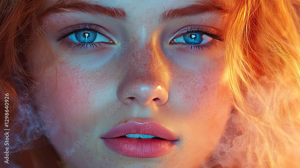 A young woman gazes intently, her vibrant blue eyes and soft, flowing blonde hair surrounded by a warm glow that enhances her features