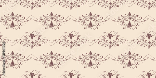 Seamless pattern of sketches vintage design elements, grape bunches, tendrils, swirls, vector background, paper, fabric, wallpaper, wrapper, textile