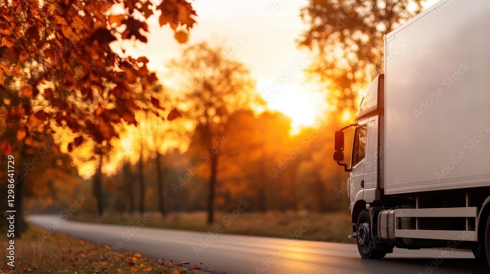 A silver truck drives along a tranquil country road at sunset, surrounded by autumn trees, creating a serene and picturesque scene of seasonal beauty and calm. A silver truck drives along a tranquil country road at sunset, surrounded by autumn trees, creating a serene and picturesque scene of seasonal beauty and calm.