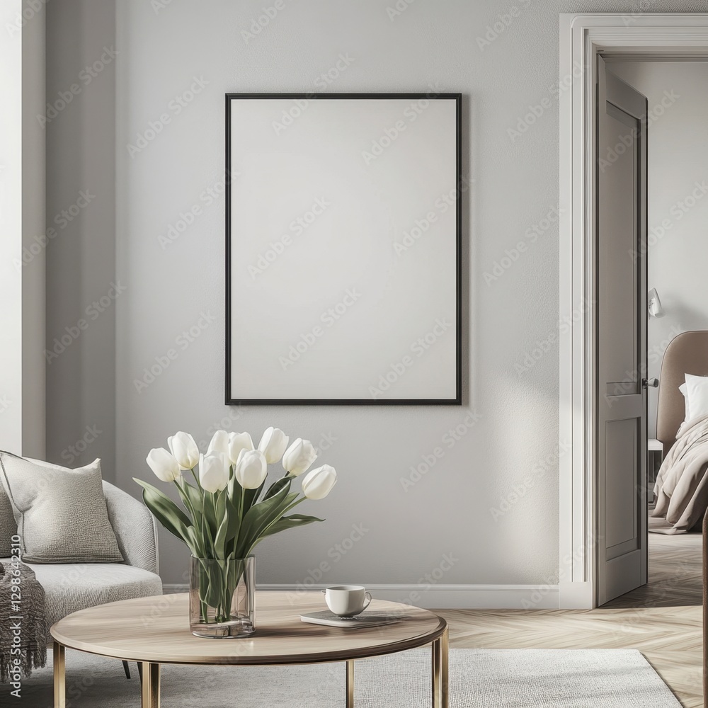 Modern Living Room with Minimalist Decor and Fresh Tulips Modern Living Room with Minimalist Decor and Fresh Tulips