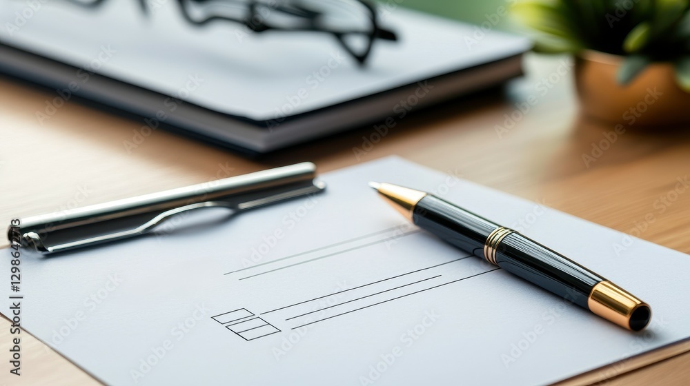 Elegant black pen and checklist on a wooden desk with a blurred background. Elegant black pen and checklist on a wooden desk with a blurred background.