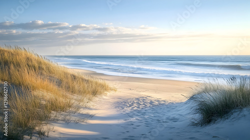 beach with tall, undisturbed sand dunes surrounded by coastal grasses, and the ocean waves rolling gently on the horizon 
