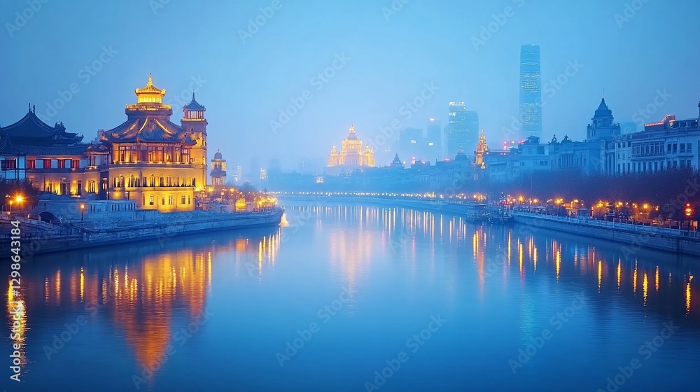 Fototapeta premium Chinese City Riverfront at Dusk