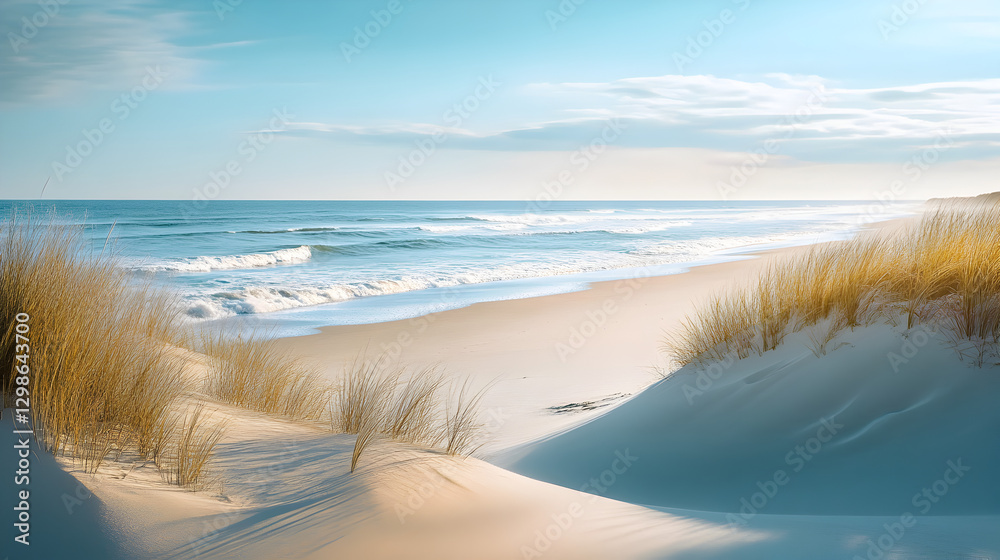 beach landscape featuring soft sand dunes gently rising toward the horizon, with waves breaking quietly on the shore beach landscape featuring soft sand dunes gently rising toward the horizon, with waves breaking quietly on the shore