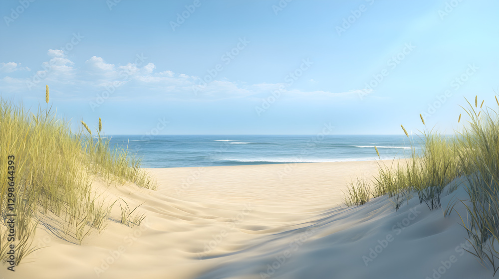 beach with dunes forming gentle curves, soft grasses growing along the edges, and the calm ocean providing a tranquil backdrop beach with dunes forming gentle curves, soft grasses growing along the edges, and the calm ocean providing a tranquil backdrop