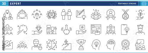 A set of line icons related to Expert. Expertise, innovative, top, responsible, goal, targeted, job, crown, researcher, vision, and so on. Vector editable stroke.