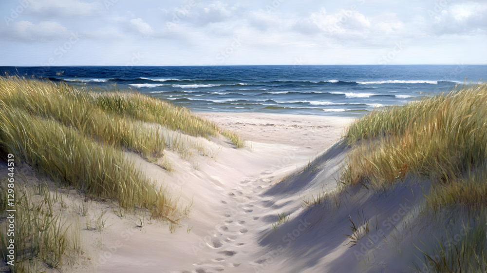 beach with dunes forming gentle curves, soft grasses growing along the edges, and the calm ocean providing a tranquil backdrop beach with dunes forming gentle curves, soft grasses growing along the edges, and the calm ocean providing a tranquil backdrop