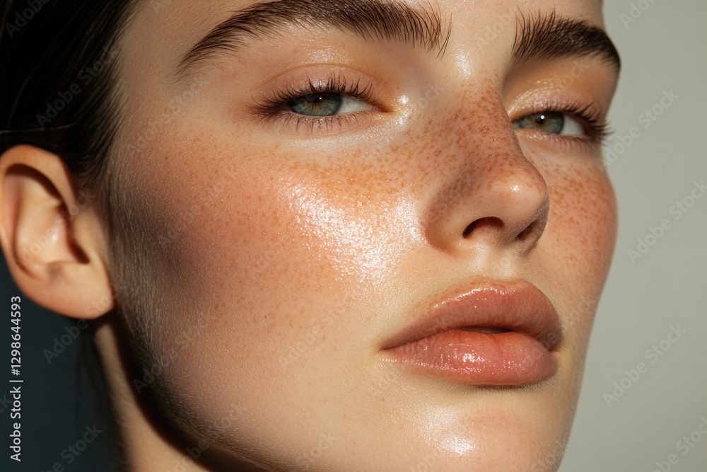 Fototapeta premium Radiant close-up of model showcasing flawless skin and natural b